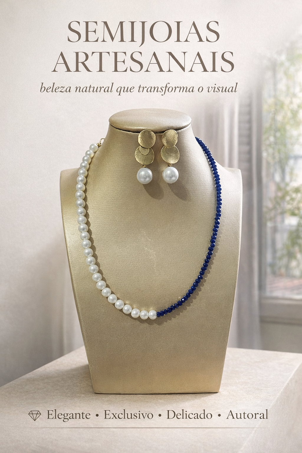 Colar Dúo pérolas e cristal azul Royal