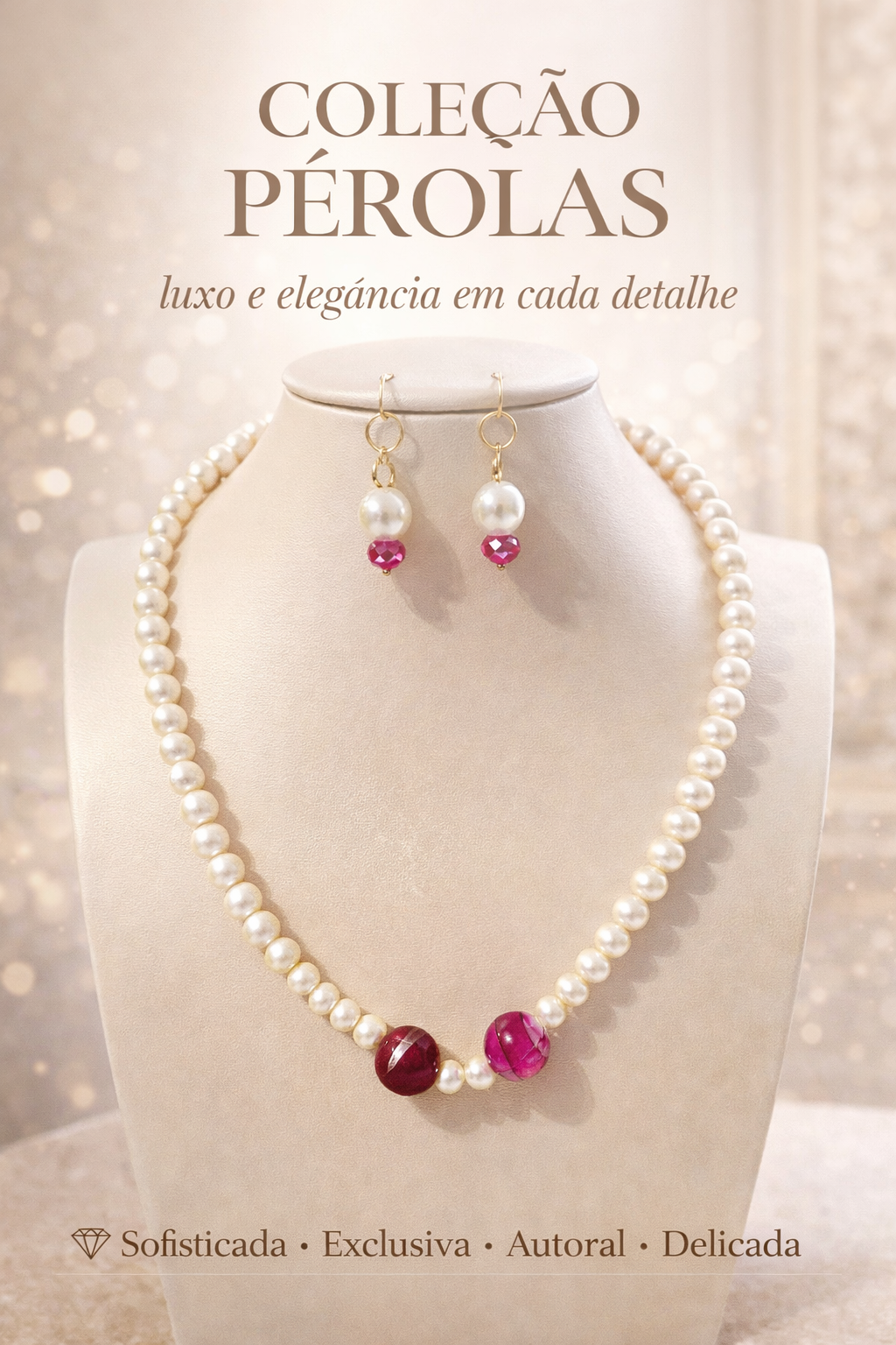 Colar de pérolas com destaque de duas pedras rose