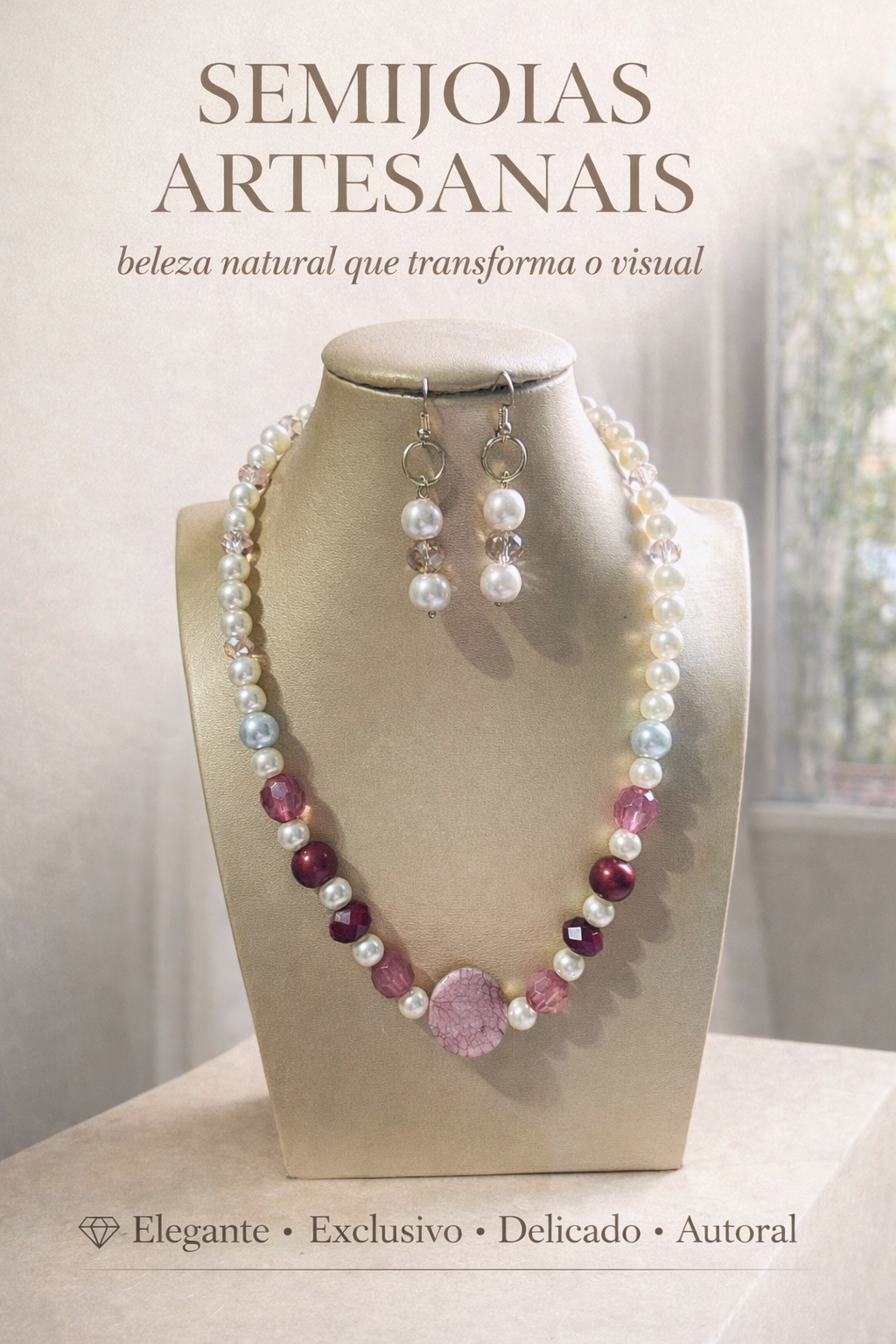 Colar de pérolas com mix de pedras rose