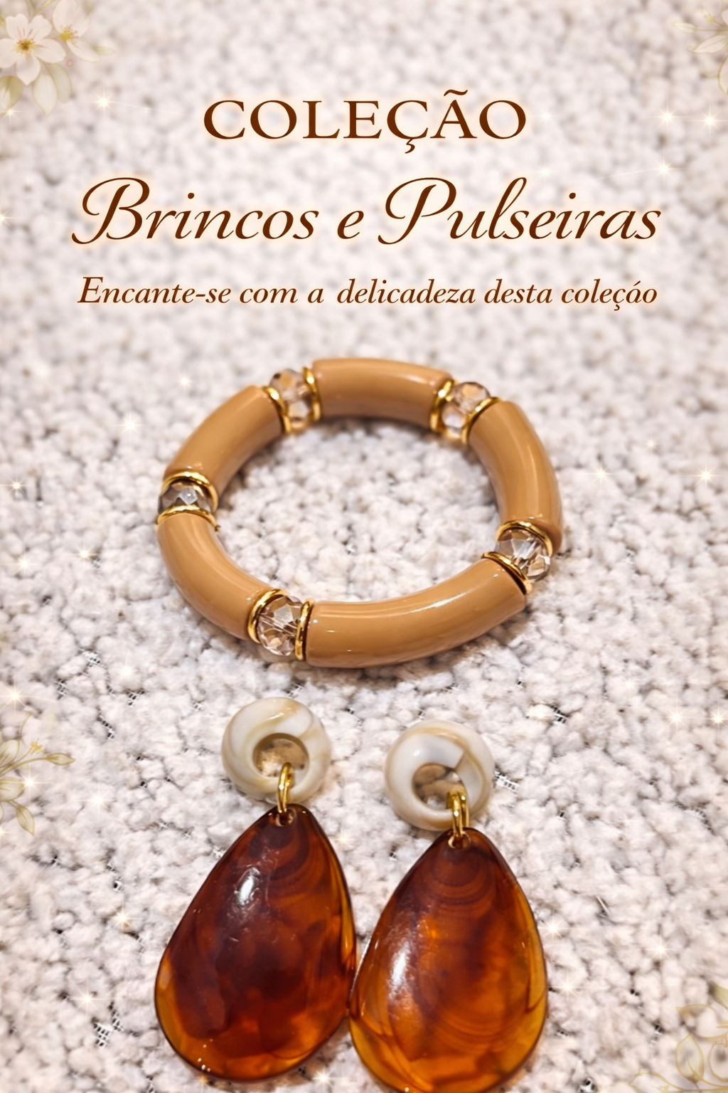 PUSEIRA BEGE E BRINCO RESINA