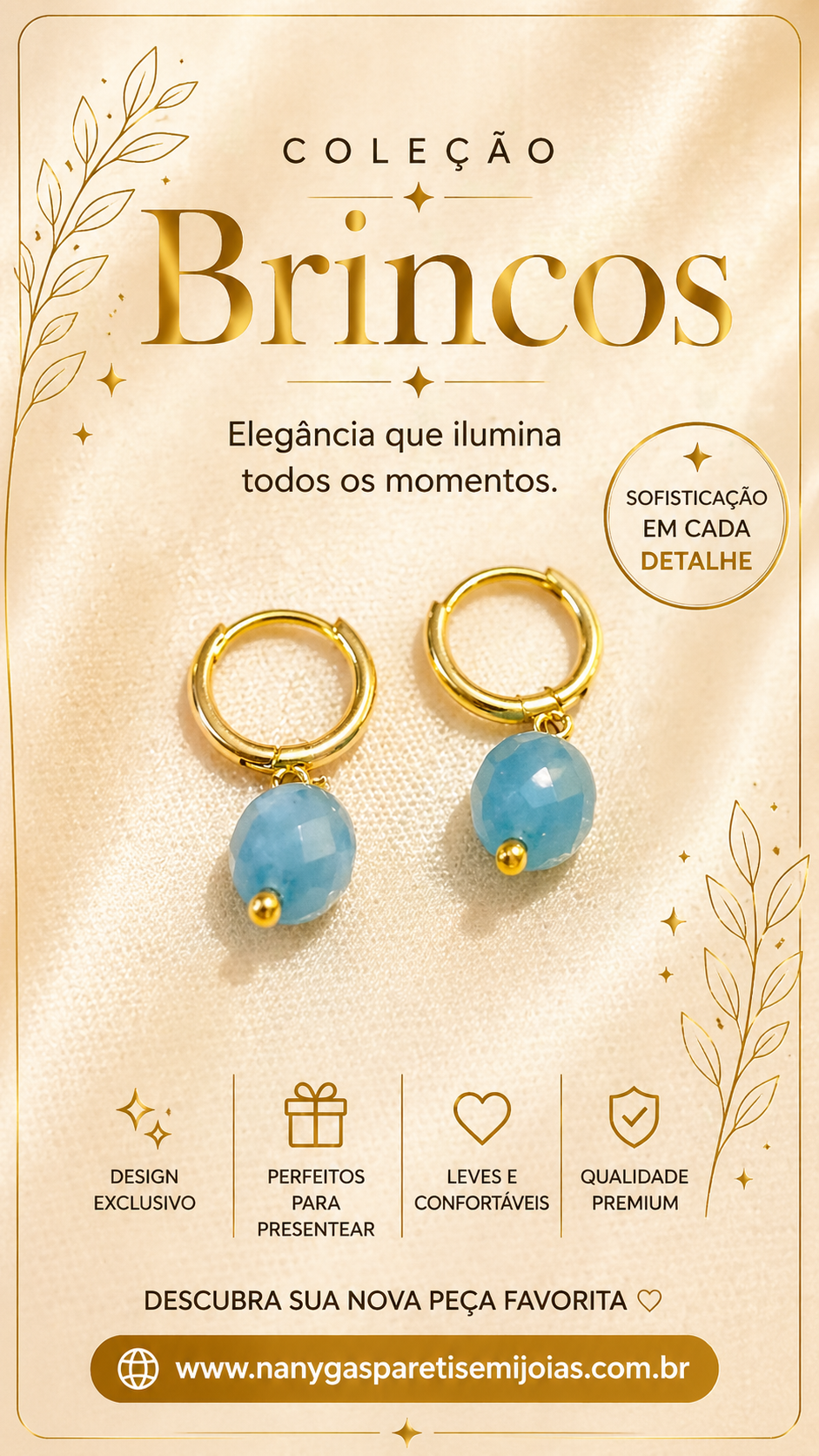 Brinco dourado pedra turquesa