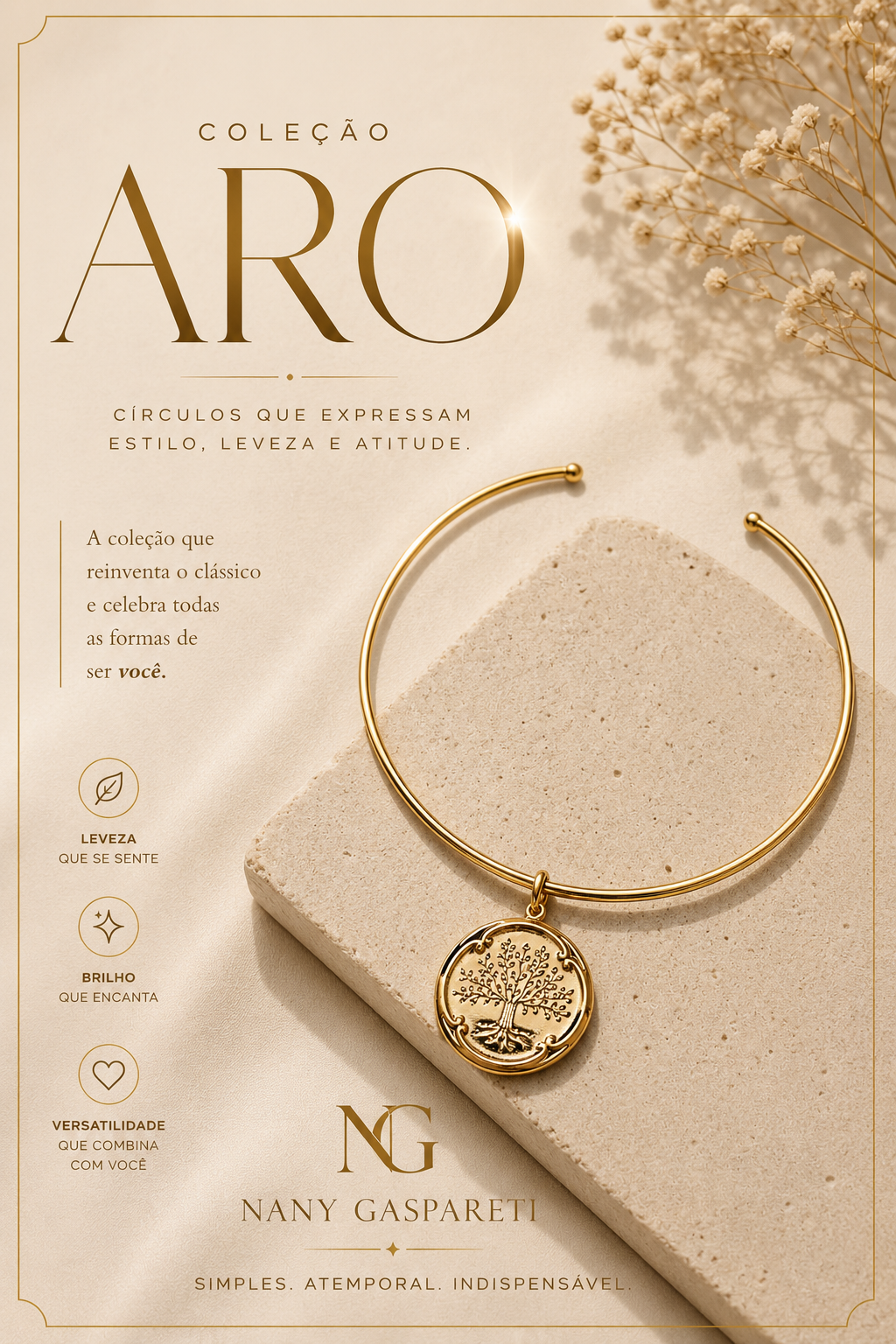 ARO BANHADO A OURO COM PINGENTE ARVORE DA VIDA